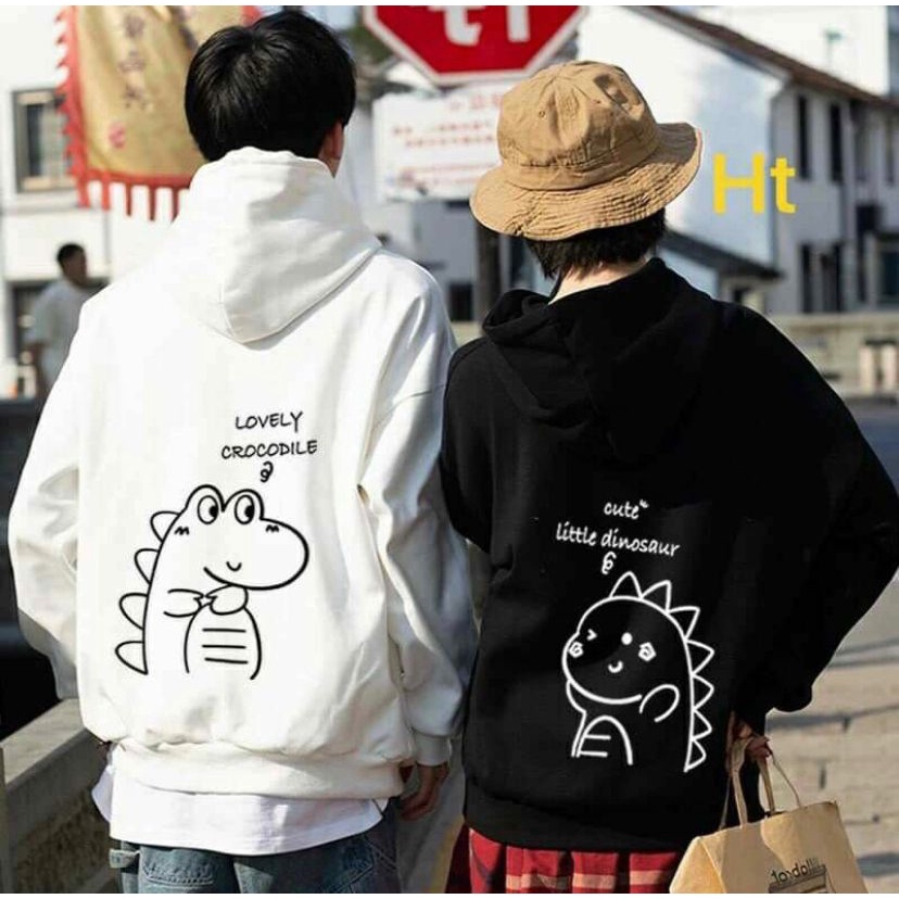 JAKET HOODIE OVERSIZE SATUAN/ COUPLE CUTE CROCODILE N DINO HITAM PUTIH LUCU PRIA WANITA ALL SIZE S,M