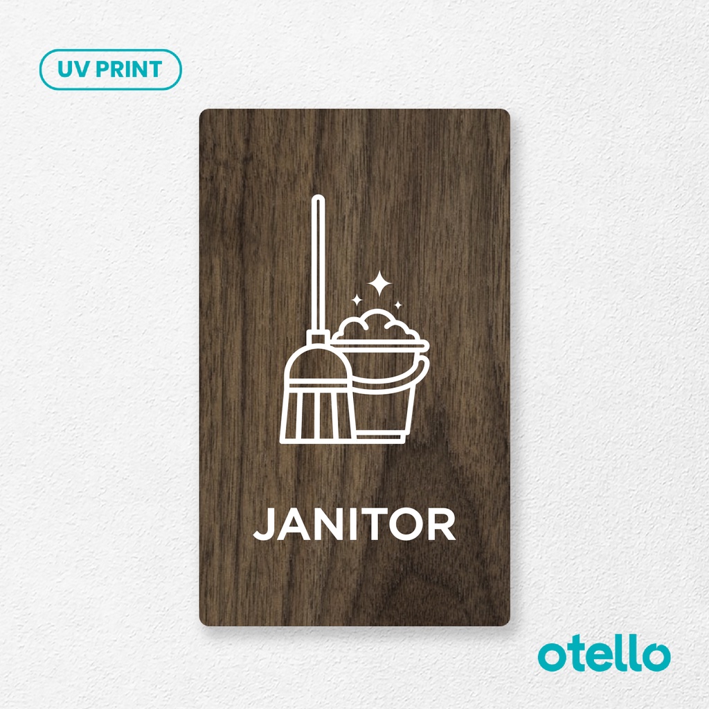 Otello - Signage Ruangan Janitor Sign Board Kayu Print Label Pintu Petunjuk Nama Ruang Sticker Tempel Stiker Timbul Papan Wooden