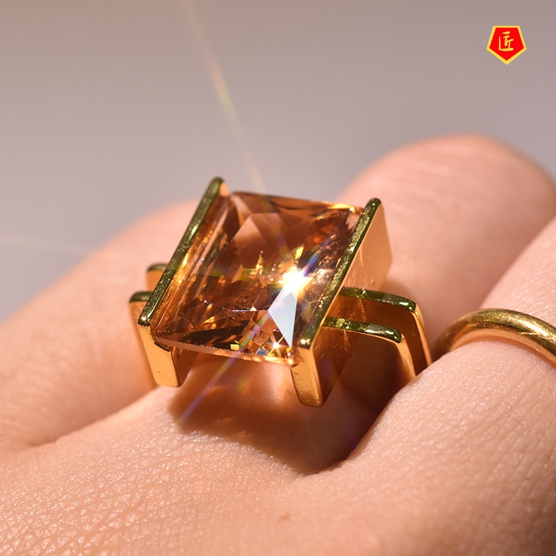 [Ready Stock]Fashion Personality Gold Inlaid Champagne Square Diamond Ring