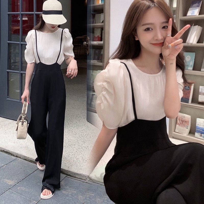 Jumpsuit Lengan bubble high waist strap pants M57