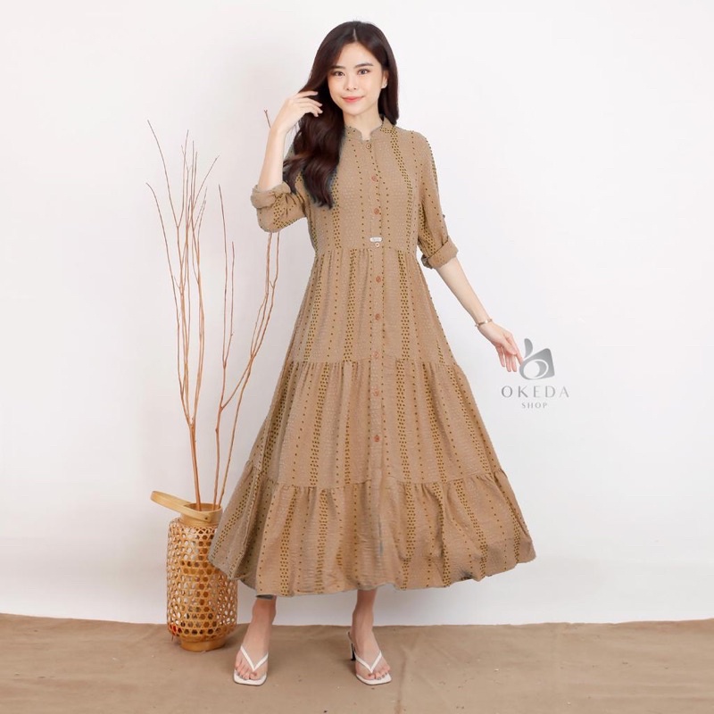 Okeda Shop Qiora Midi Dress Ruby Crinkle Stripe