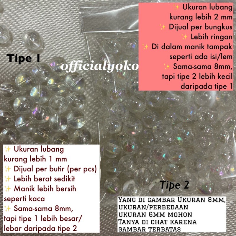 Mute/Monte/Manik Kristal Bundar Pelangi Bening TIPE 1 per butir 6mm/8mm