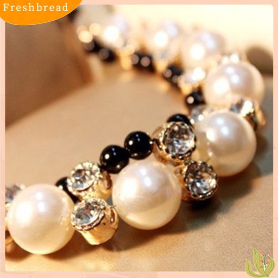 【Fresh】Women Fashion Double Row Faux Pearl Adjustable Ribbon Chain Choker Necklace