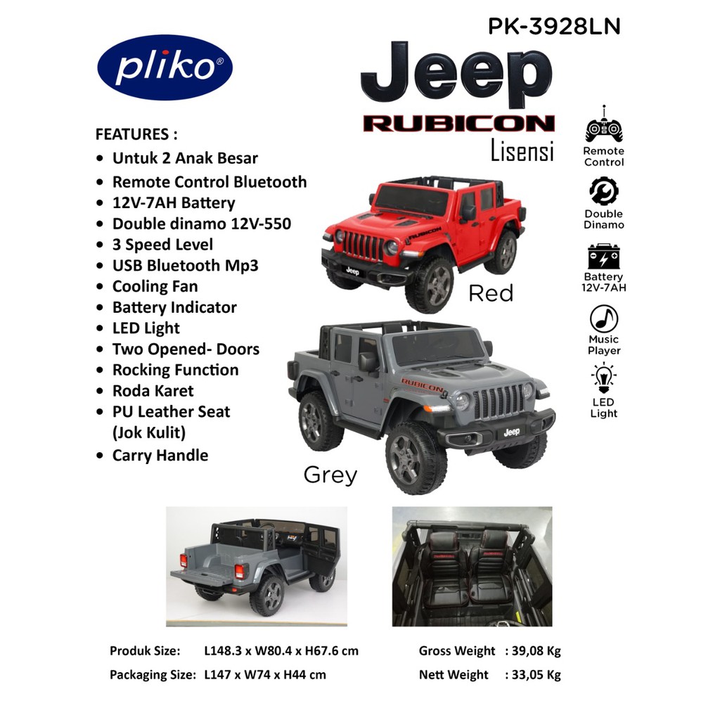 Jeep Besar (Two Seater) Rubicon Gladiator utk 2Anak Besar (Lisensi) pliko PK-3928LN Premium