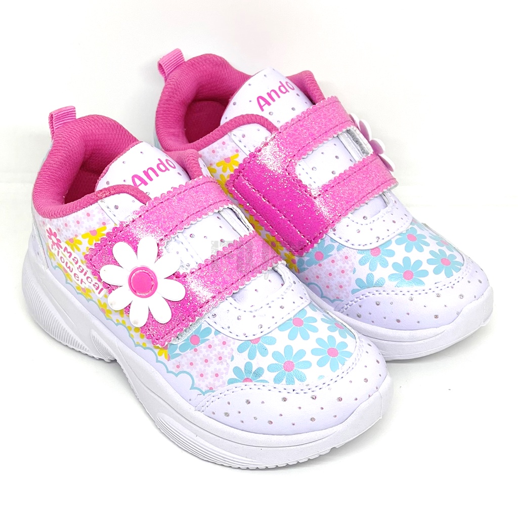 FIURI - ANDO ORIGINAL - MAGICAL FLOWER PEREKAT 29-32 PUTIH PINK - SEPATU SNEAKERS KANVAS SOL KARET ANAK KECIL PEREMPUAN  - SEPATU BERMOTIF BUNGA KETS LUCU FASHION TRENDY - SEPATU SEKOLAH PAUD TK KRETEKAN PEREKAT CEWEK MURAH PROMO DISKON BONUS KAOS KAKI