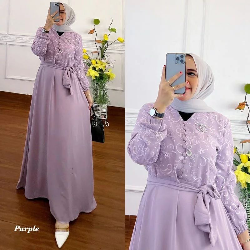 FLORA DRESS BL CRINKLE MIX BRUKAT LD 110 CM PB 140 CM KANCING HIDUP / BUSUI BAJU GAMIS LEBARAN TERBARU 2023 KEKINIAN DRESS WANITA KOREAN STYLE MAXI DRESS LEBARAN SIMPLE DAN MURAH