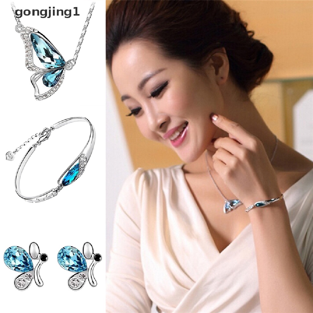 Set Perhiasan Kalung Anting Gelang Kristal Butterfly