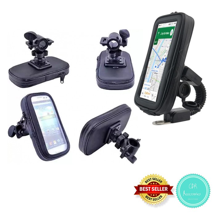 Holder HP Stang Speda Motor Anti Air + Lubang USB 6.3Inch