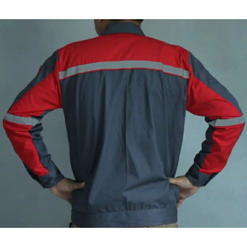 SERAGAM BAJU SAFETY MERAH KOMBINASI ABU ABU RESLETING KAIN DRILL