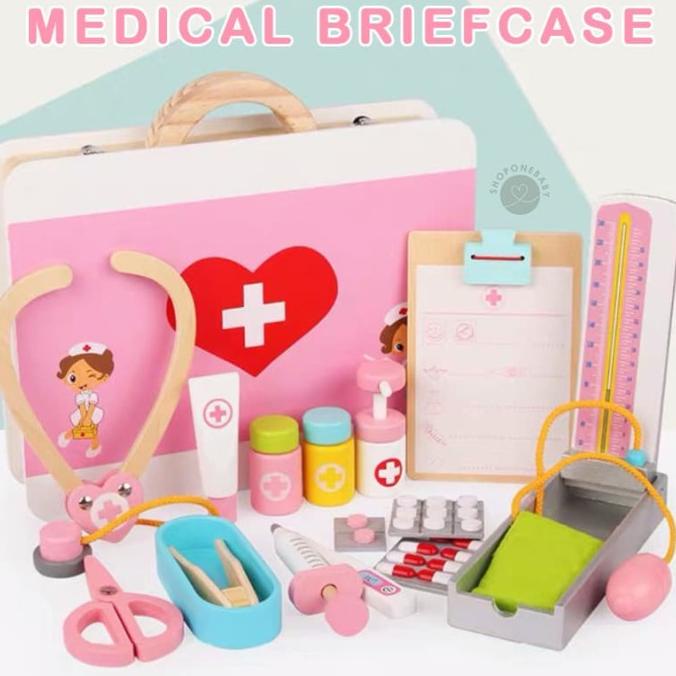 Medical Briefcase Doctor Role Play Set Wooden Toys Mainan Anak Dokter