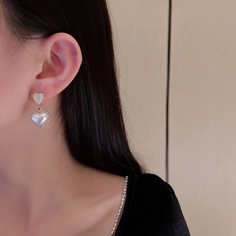 Anting Tusuk Sterling Silver 925 Bentuk Hati Hias Mutiara + Berlian Imitasi Mewah Untuk Wanita
