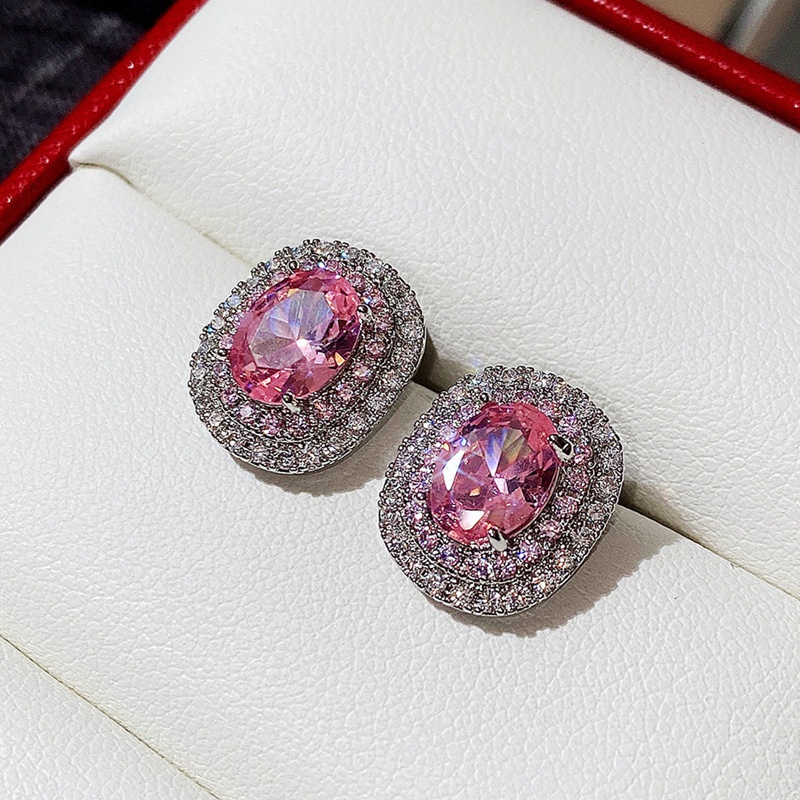 Fancyqube Anting Stud Cubic Zirconia Warna Pink Untuk Wanita