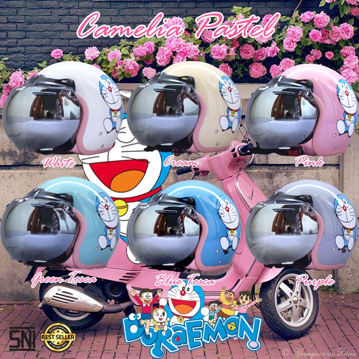 HELM BOGO CAMELIA PASTEL DORAEMON DEWASA KACA CEMBUNG CEMBUNG SILVER