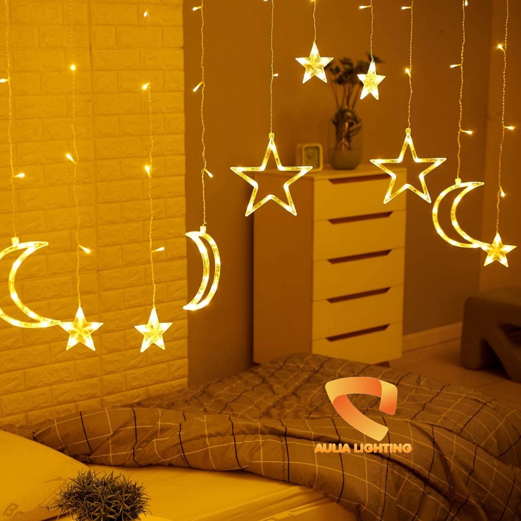 LAMPU TIRAI GANTUNG STAR MOON LED WARM WHITE HIAS KAMAR TIDUR CEWEK NATAL LEBARAN PUASA BULAN BINTANG