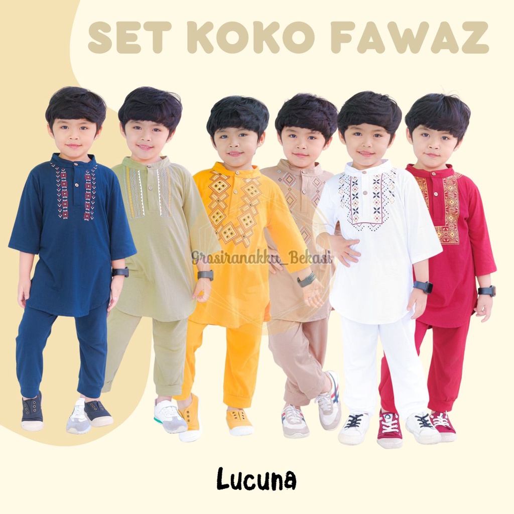 Setelan Koko Anak Laki Laki Fawaz Lucuna Mix Warna Size 1-5 Thn baju muslim anak terbaru 2023 modern setelan koko grosir baju lebaran anak baju koko anak laki laki D5S2 terlaris viral santri ngaji best Seller import kekinian murah one set muslim branded