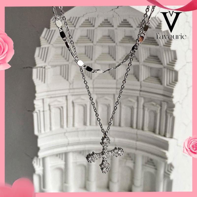 [COD]Hip Hop Cross Double Layer Necklace Feminin Fashion Micro Inlaid Zircon Pendant-FA