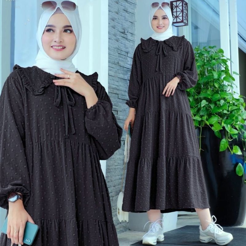 Midi Dress Muslim / Zamira Dress Bahan Crinkle Uragiri DOT Ruby Tebal dan Jatuh