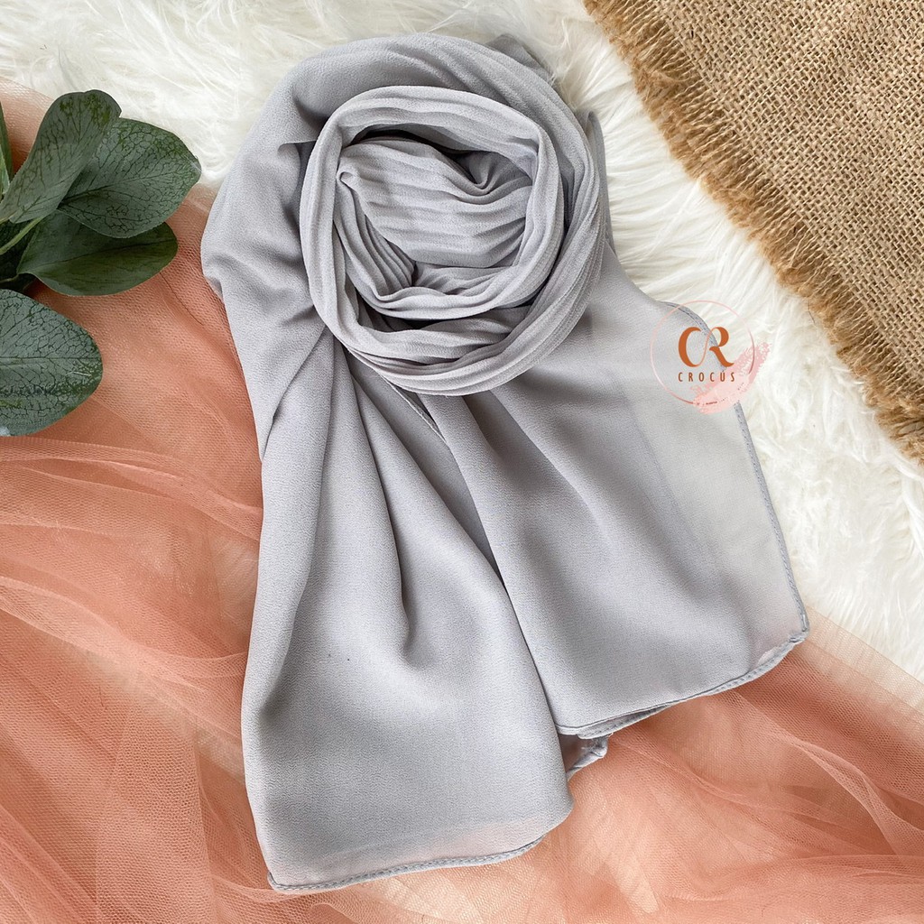 [𝐂𝐫𝐨𝐜𝐮𝐬] (180 * 60cm) Pashmina Plisket Ceruty Baby Doll / Pasmina Pleated Hijab Kerudung-Shawl Full - SILVER