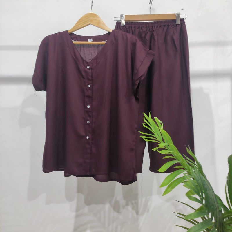 PIYAMA POLOS KANCING | PIYAMA BUSUI | BAJU SANTAI MURAH | HOMEDRESS MURAH | HOMEWEAR MURAH-VN 7/8 BLACK MAROON