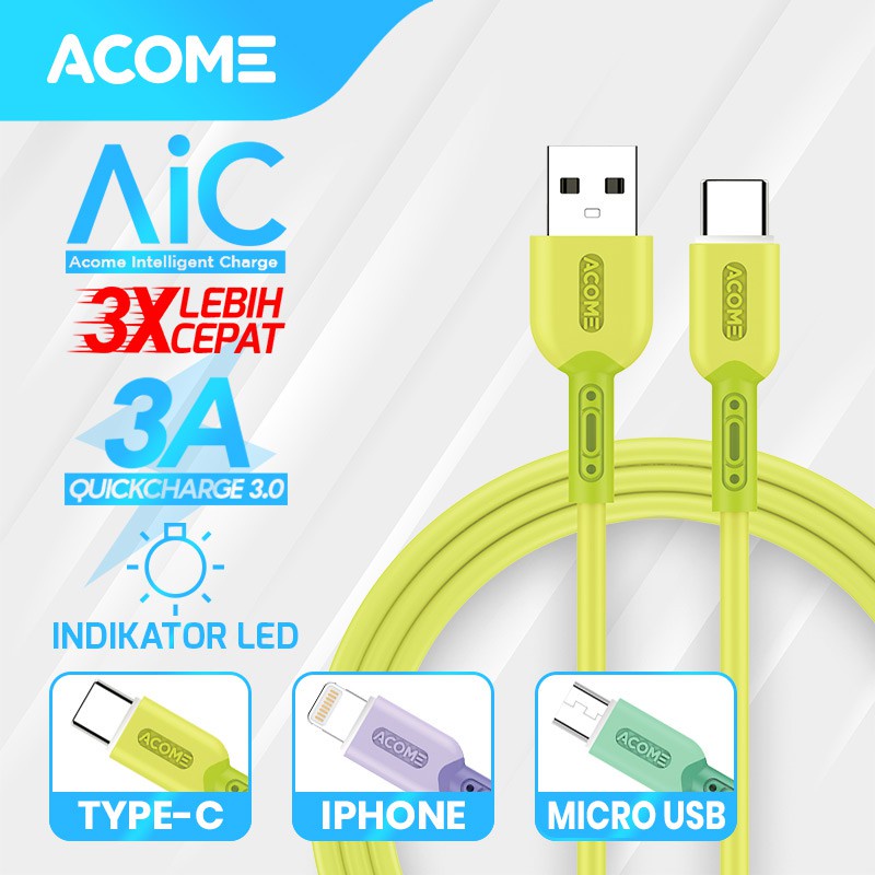 ACOME Kabel Fast Charging 100cm Varian Warna-Warni Trendy AEM-010 AEC-010 AEL-010 Garansi 1 Tahun