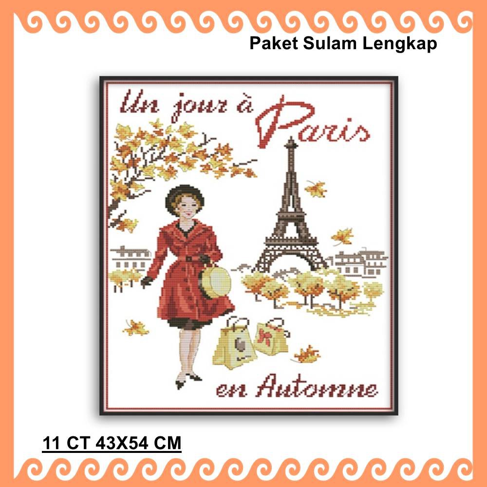 PAKET SULAM KRISTIK  CROSS STITCH . POLA DI KAIN DAN  POLA KERTAS MOTIF &quot; PARIS IN THE AUTUMN&quot;