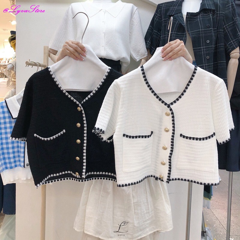 Cardigan Rajut Wanita Atasan Crop V-Neck Lengan Pendek Knit Sweater LV053
