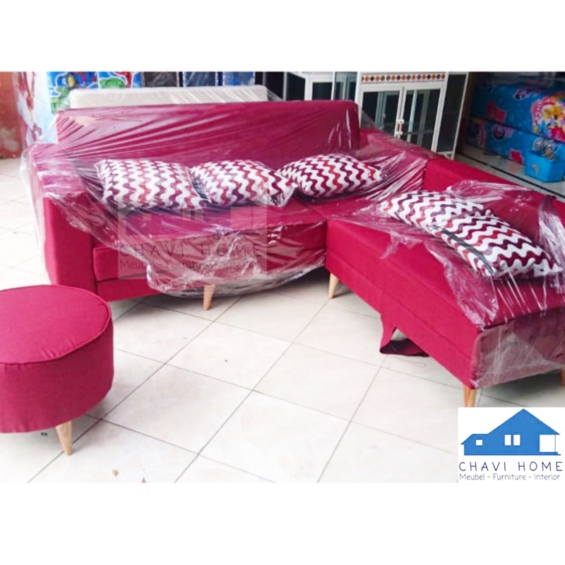 set sofa L kursi scandinavian minimalis termurah lengkap dengan kursi puff