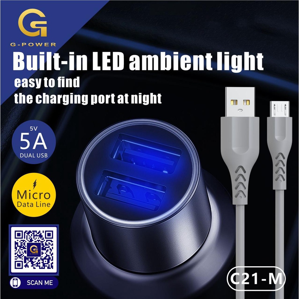 G-POWER CAR CHARGER SET C21-MICRO  2 PORTS /CHARGER MOBIL SET/ COLOKAN MOBIL SET MURAH ORIGINAL