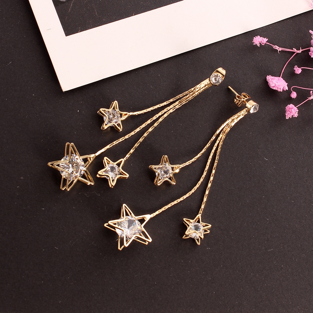 Fashion zircon mengkilap pentagram rumbai anting-anting anting-anting Korea gaya chic dan unik seder