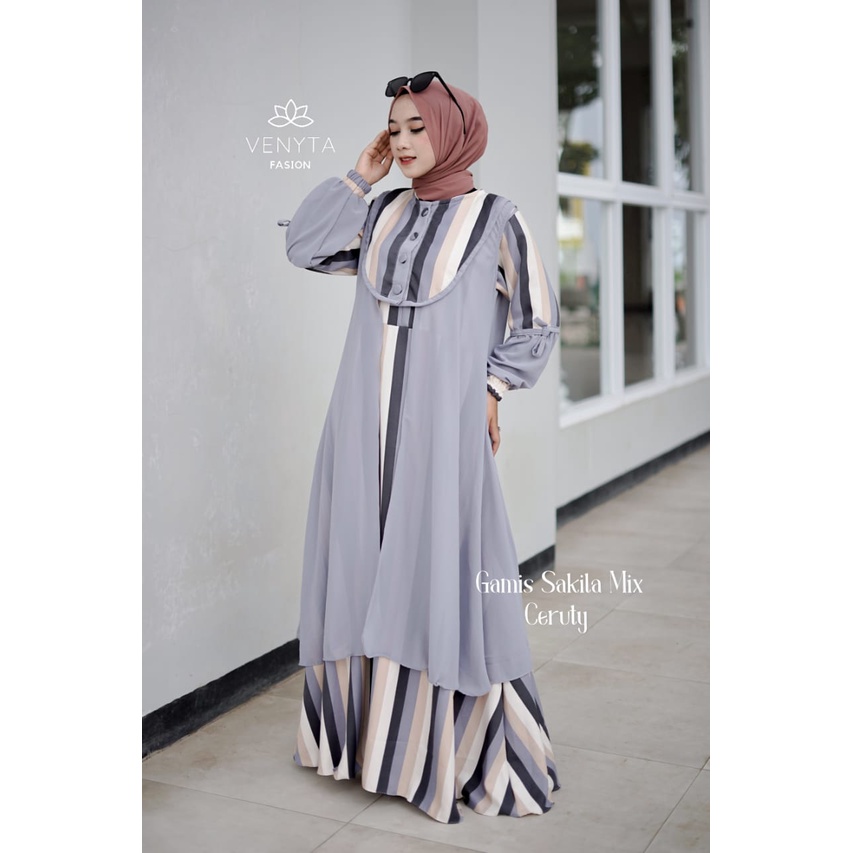 Gamis outer 2IN1 SAKILA SET OUTHER CERUTY LALA LYLA GAMIS TRENDY WANITA MASA KINI ORIGINAL VENYTA MOTIF SALUR shanglow shan glow pisah rompi cardigan