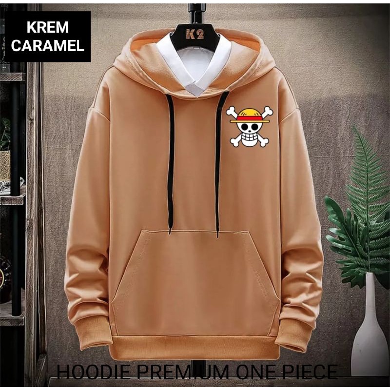 Sweater Hoodie Pria Distro One Piece Premium Ori Krem Karamel Motif Simple Anime Japanese Style Baha