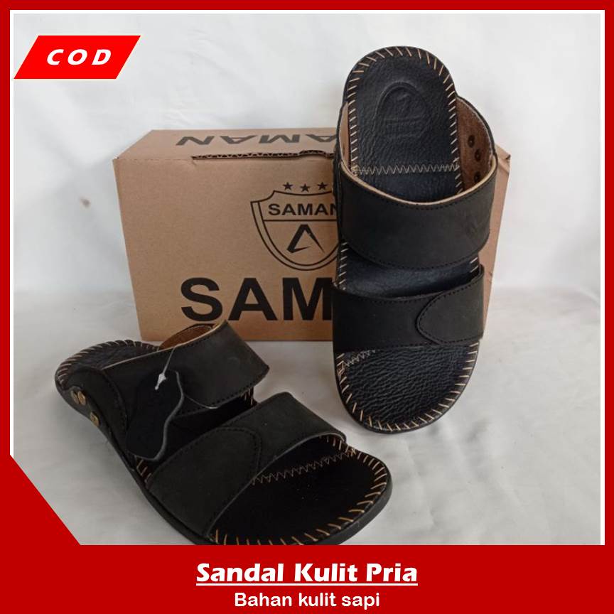 Saman Sendal Pria Kekinian Monaco Sandal Slide Premium Sandal Kulit Pria Kualitas Import - Coklat