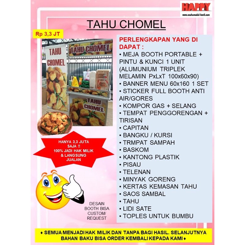 

PAKET USAHA FRANCHISE MAKANAN TAHU CHOMEL TAHU CRISPY PEDAS SPICY - GEROBAK BOOTH PORTABLE KEMITRAAN