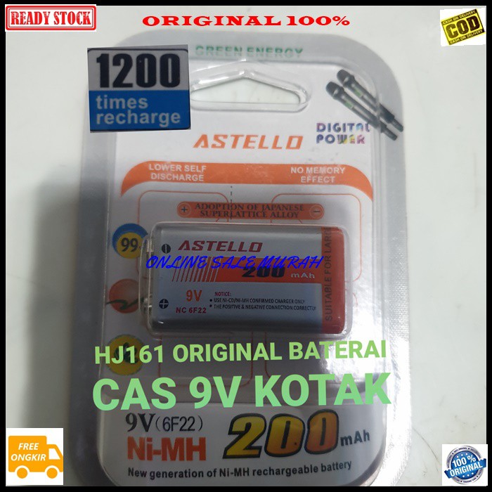 G285 Astelo rechargeable baterai 9V kotak baterry 9 volt batu cas casan charger elektronik batere batray mainan universal multifungsi mic mik ni-mh battery original  1500 TIMES RECHARGE  BATERAI CAS 200 MAH 6F22  BISA SEGALA JENIS ELEKTRONIK  ME