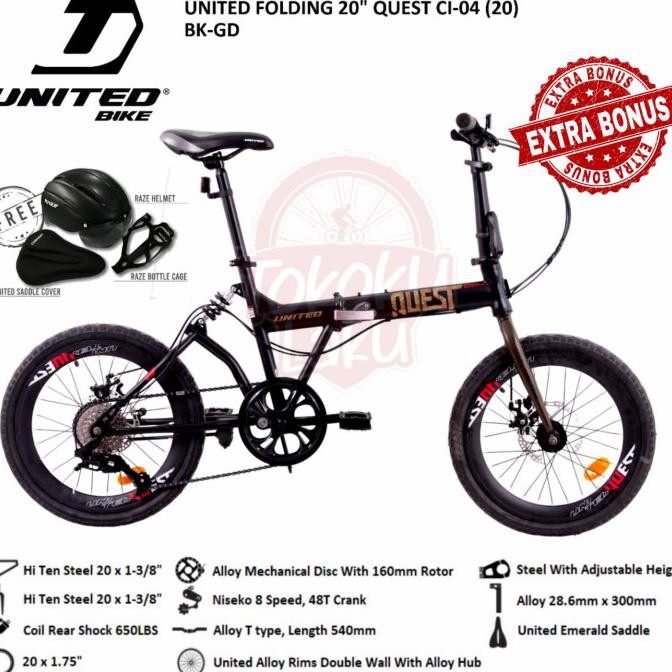 Sepeda Lipat United Quest Bike Seli 20 Inch Folding - Hitam, Segel Dus Kunestlestore