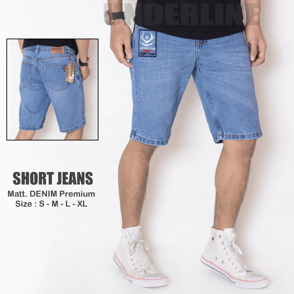 [COD BAYAR DI TEMPAT] CELANA DENIM JEANS PENDEK PRIA/ JEANS PENDEK PRIA ORIGINAL UNDERLINE BORDIR LO