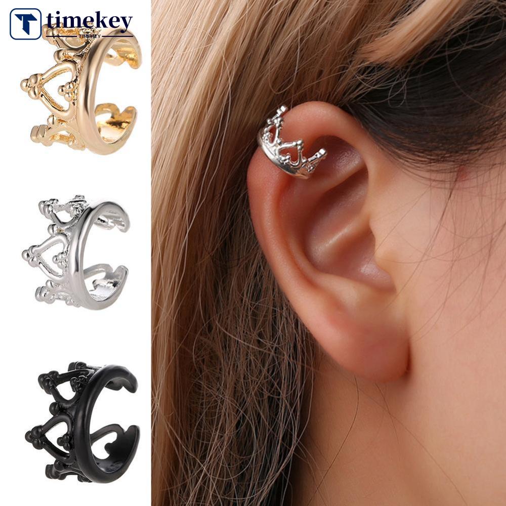 Timekey Anting Klip Tanpa Tindik Desain Geometri Mahkota Hollow Vintage Untuk Wanita A8K8