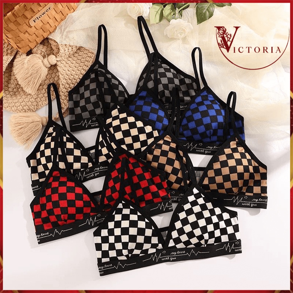 Victoria Bra Wanita Tanpa Kawat Bahan Halus BH Pakaian Dalam Bra Push Up Motif Catur 1086