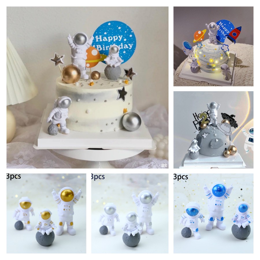 MOMBABY1 3 pcs Topper Figure Astronot hiasan kue ulang tahun anak / astronaut