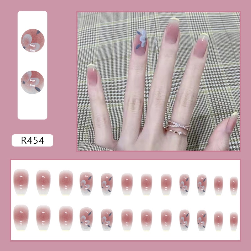 24pcs / box Kuku Palsu Panjang Warna Gradasi Pink Translucent