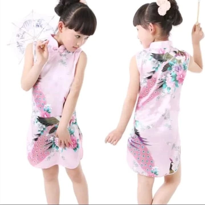 dress cheongsam anak / dress xincia edisi imlek motif burung merak