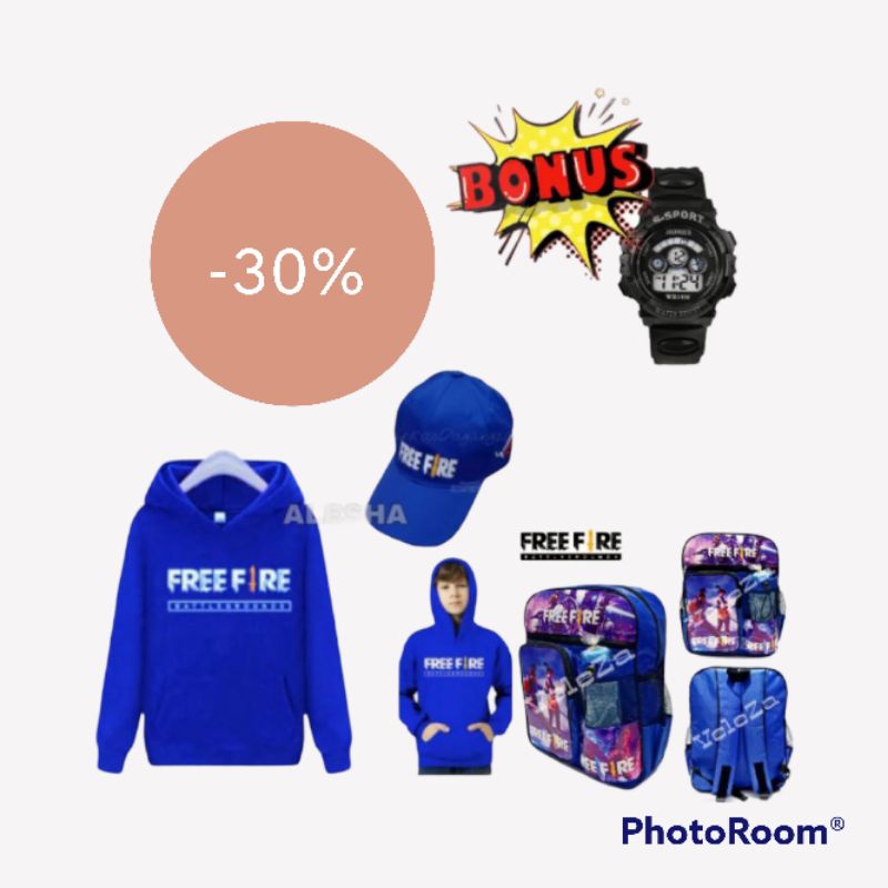 Sweater anak /tas anak/WAISTBAG anak/topi anak/ karakter free fire paket hemat gratis topi dan jam tangan sport