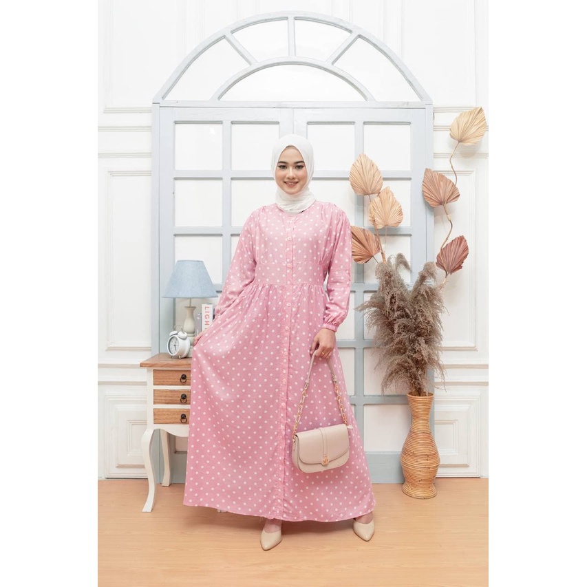 Gamis Terbaru Polkadot Andara Rayon Premium Dress Wanita Lengan Panjang  Baju Muslim Kekinian LD 110 cm