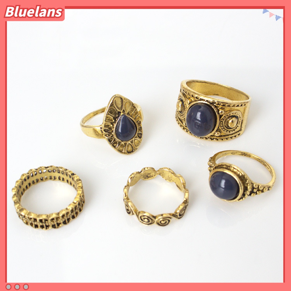 Bluelans 5Pcs Bohemian Vintage Blue Stone Alloy Finger Ring Women Charming Jewelry