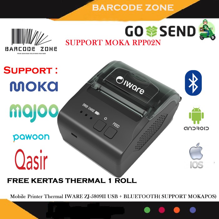IWARE ZJ-5809II MINI PORTABLE BLUETOOTH THERMAL PRINTER KASIR 58MM - RPP02N SUPPORT MOKAPOS