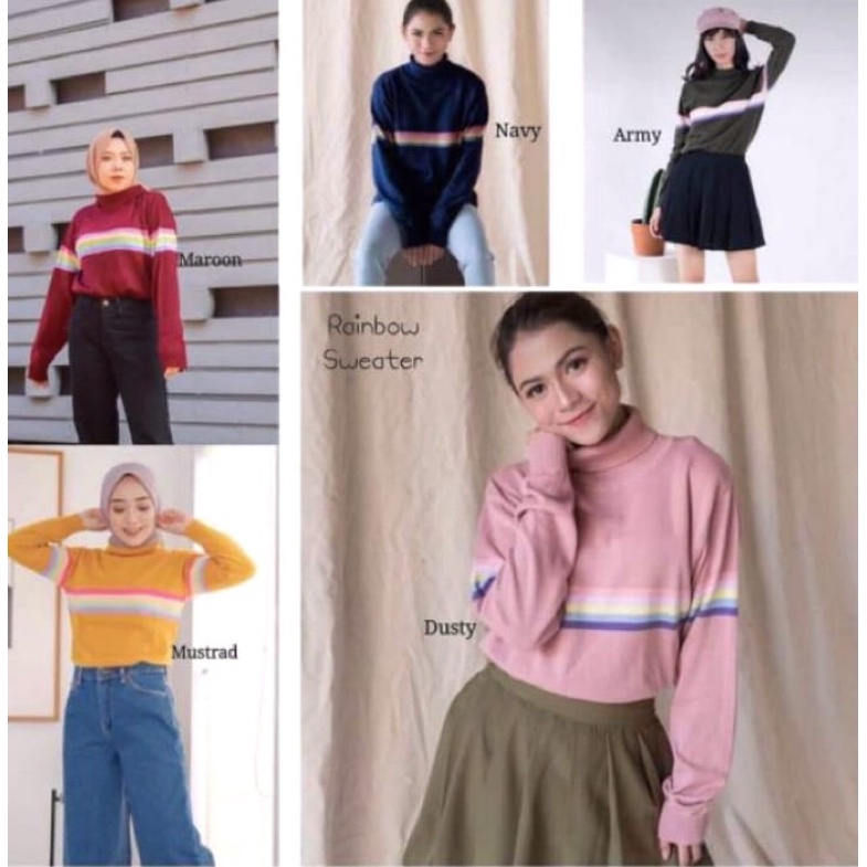 SWEATER TURTLE NECK RAJUT PELANGI RAINBOW