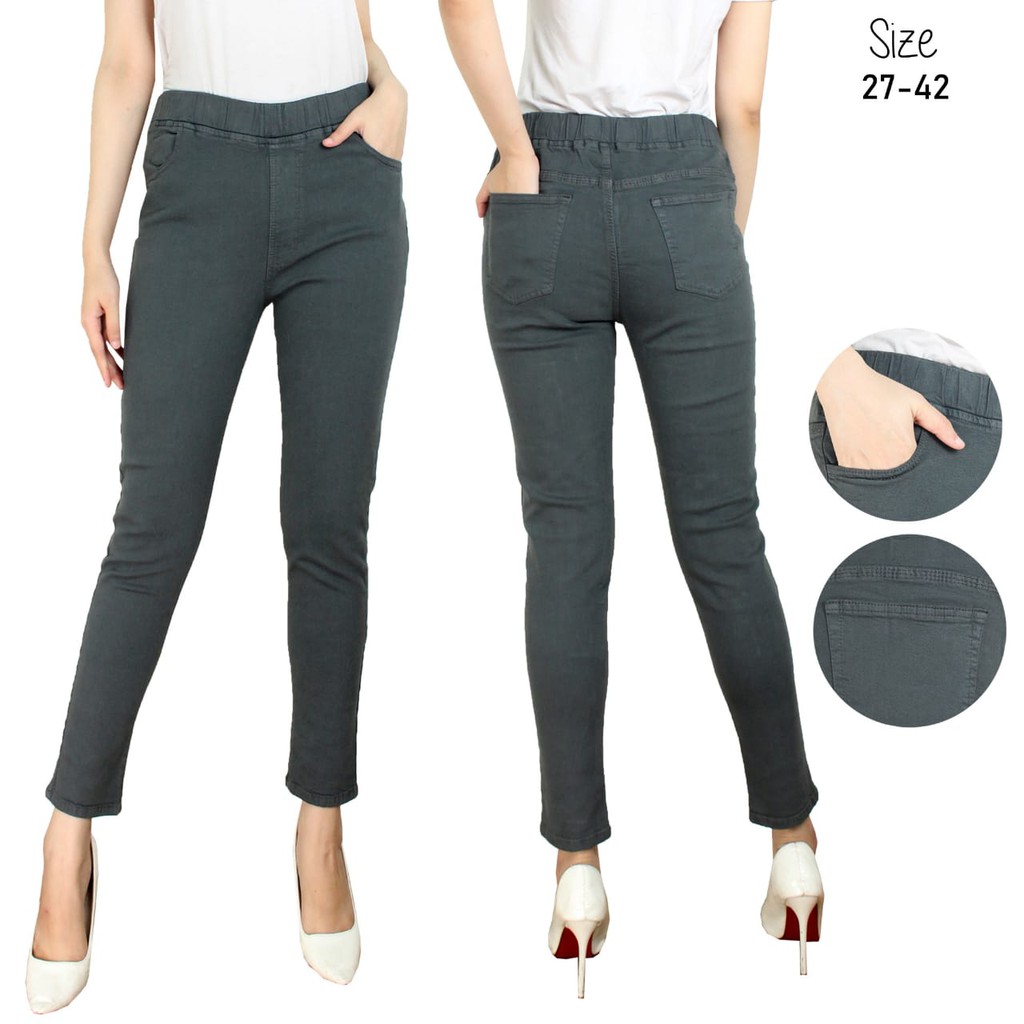 Jegging Jumbo INN DENIM Pinggang Karet Legging Jeans Abu-abu Polos Ukuran 26 sampai 38 Bisa Cod