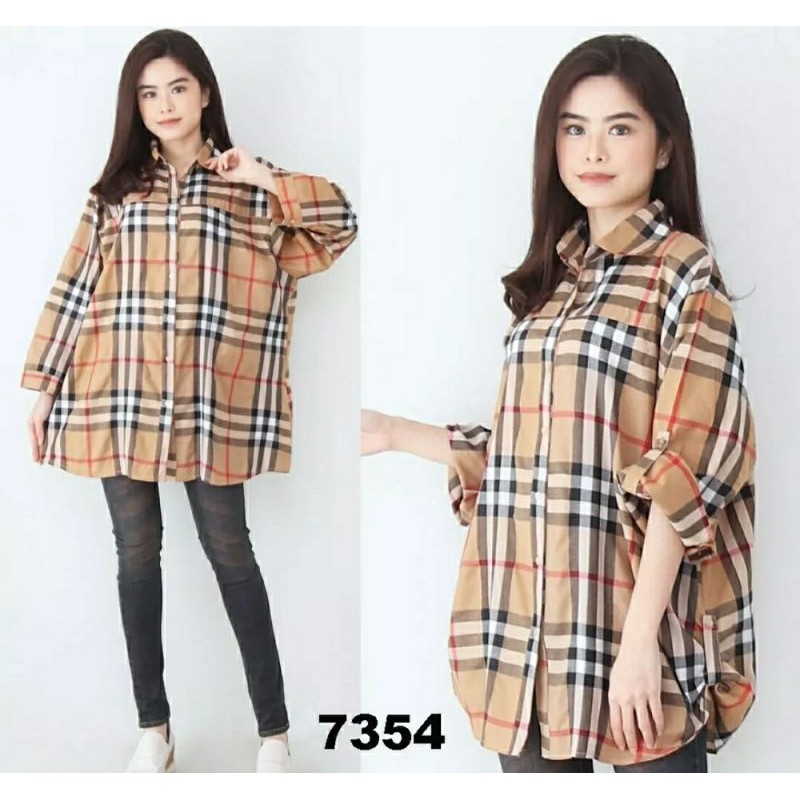 COD✔kemeja wanita jumbo kotak katun bulberies en/pakaian wanita tunik jumbo kotak