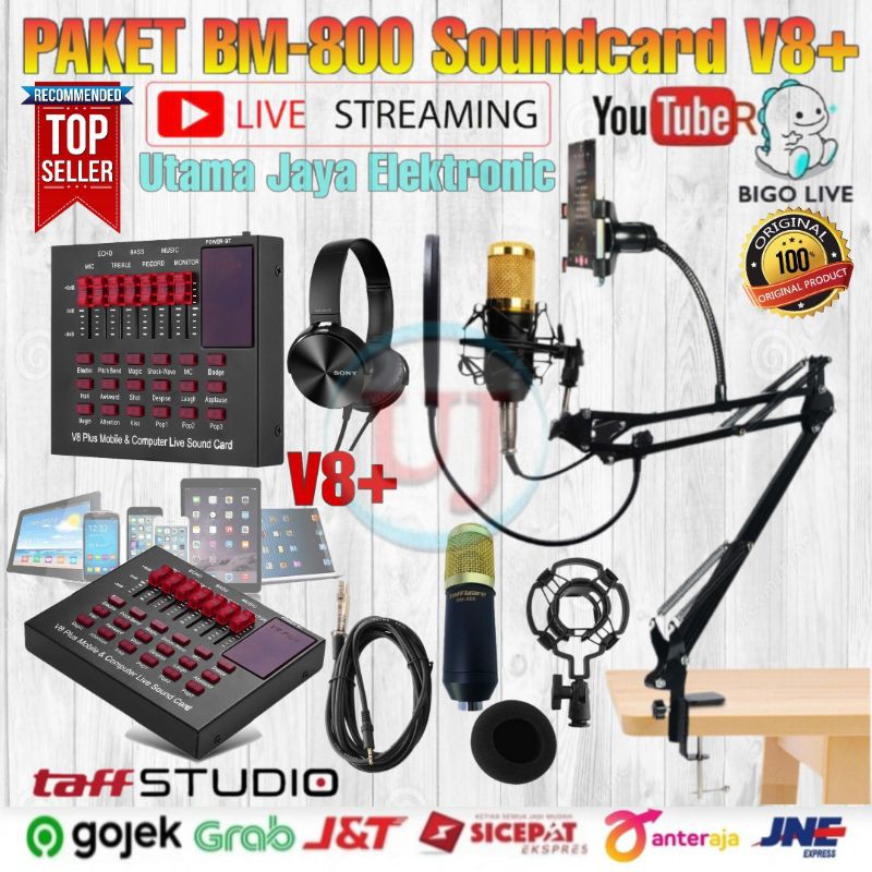 Paket Komplit Mic BM800 Soundcard V8 plus Stand Holder Lazypod Pop Filter Rekaman Terbaik