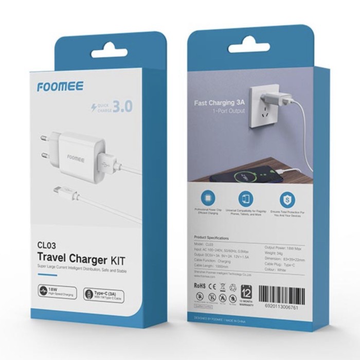 FOOMEE CL03 Travel Charger FOOMEE CL03 18W + cable Type-C 3A